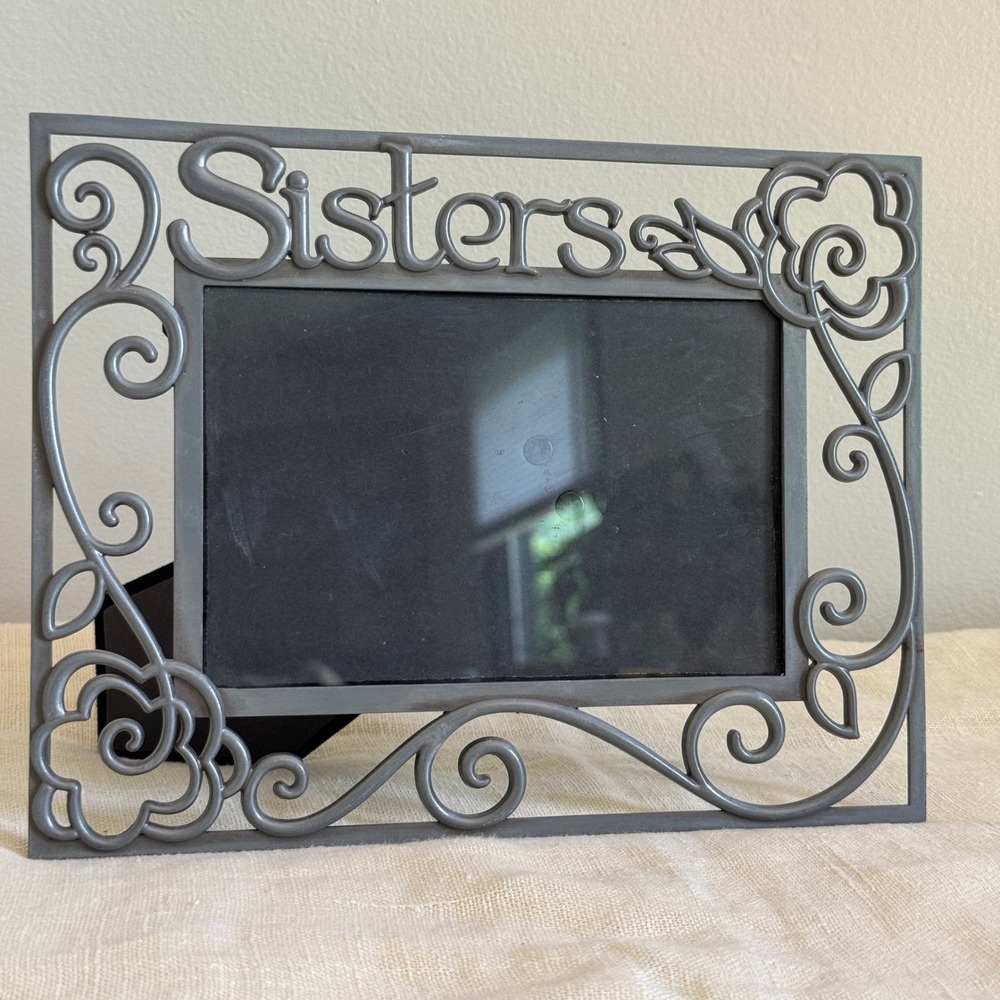 Sisters Pewter Tone Metal Filigree Floral 4x6 Picture Frame Grey Scrollwork